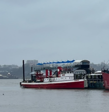 The former FDNY work boat that a 23 year-old man allegedly stole on April 11, back at its home berth at Pier 66. The <i>John J. Harvey </i>was pressed back into service on 9/11, seven years after its official decommissioning. It appeared none the worse for wear on April 12.