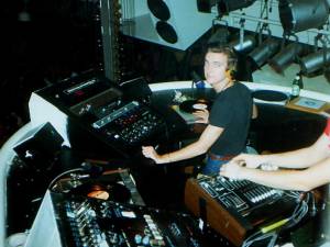Robbie Leslie in the DJ booth at Studio 54. Photo: Bernie Bernthaler