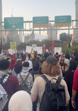 Pro-Palestinian protestors crossing the Brooklyn Bridge on Saturday, October 28.