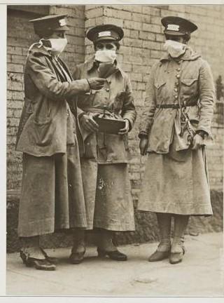 New York City conductorettes wearing masks during the 1918 influenza epidemic.