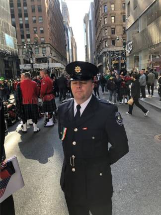 <b>Leonard Kennedy was one of 16 firefighters from the County Offaly Fire Service who flew in from Ireland and marched in the 263rd St. Patrick’s Day parade.</b> Photo: Keith J. Kelly