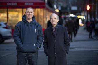 Con Ed employee John Marsch (left) is photographer with Ted Frese in Manhattan on January 18, 2024. March recently assisted Frese with recovering a wallet that was lost outside an UWS restaurant.