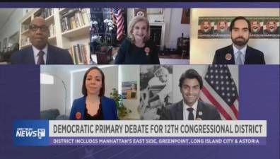Screenshot of NY1 primary debate with (clockwise from top left) moderator Errol Louis, Rep. Carolyn Maloney, Peter Harrison, Suraj Patel and Lauren Ashcraft. Patel has accused Maloney of voter suppression; Maloney called Patel’s tactics “out of Donald Trump’s playbook.”