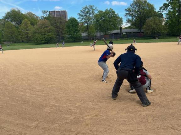 A pitch in midair during a May 3 slugfest between Bard High School Early College and Chelsea Career &amp; Technical Education.