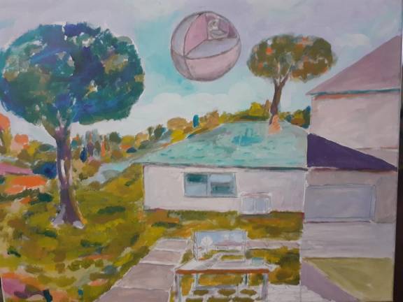 Peter Pereira’s last painting, of a balloon/spaceship floating above his house in Florida. Photo courtesy of Katrina Holosko