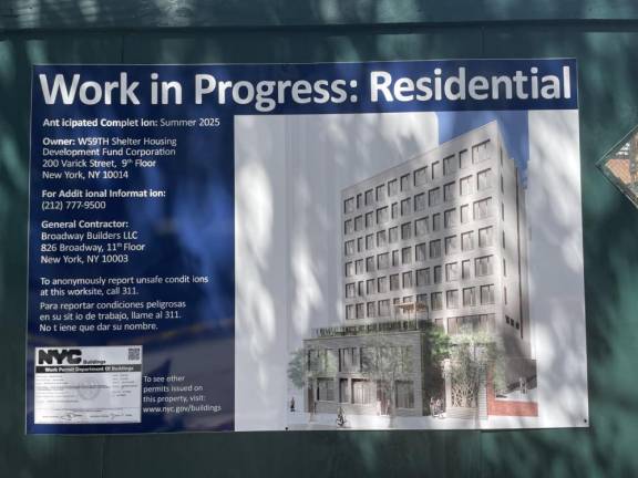 Construction sign shows rendering of new homeless shelter.