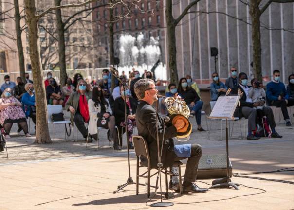 Restart Stages brings musicians like Richard Deane to the people in Lincoln Center’s new outdoor venue. Photo: Stephanie Berger