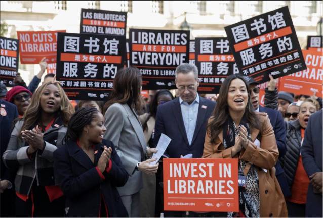 City Council member Carlina Rivera leads a rally decrying $58 million in additional budget cuts for the city’s libraries, which have already been forced to close on Sundays. Photo: John McCarten, NYC Council Media Unit