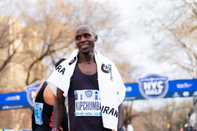 Abel Kipchumba, 30, of Kenyan wins the men’s division of the NYC Half Marathon on March 17 in 1:00:25, a 4:37/mile pace. Photo: NY Roadrunners