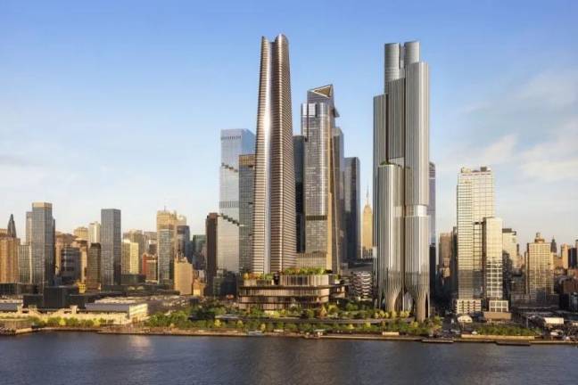 The artists rendition of a $12 billion casino that developers hope to build in Hudson Yards overlooking the Hudson River. Photo: Related and Wynn Resorts