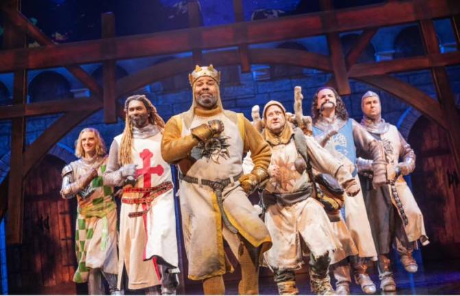 The acting lineup for the Broadway show “<i>Spamalot</i>” includes (from left) Michael Urie, Nik Walker, James Monroe Iglehart, Christopher Fitzgerald, Jimmy Smagula, Taran Killam.