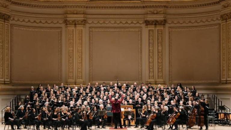 The Oratorio Society of New York an all volunteer choir, has performed Handel’s “<i>Messiah” </i>once a year for 149 years, including 139 performances at Carnegie Hall, seen here on the Ronald O. Perelman stage at this year’s annual performance on Dec. 19. Photo: