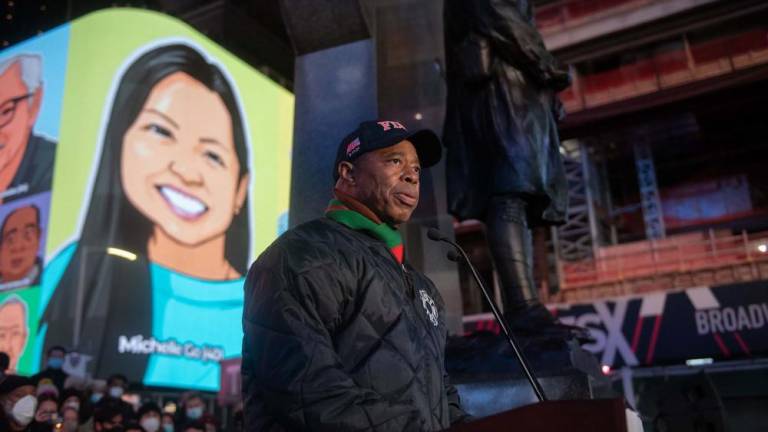 Mayor Eric Adams delivers remarks at the vigil for Michelle Alyssa Go in Times Square on Tuesday, January 18, 2022. Photo: Michael Appleton/Mayoral Photography Office