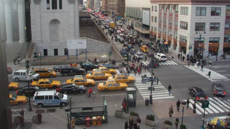 The intersection of 33rd St. &amp; 8th Ave., clogged with rush hour traffic. Congestion pricing tolls are set to begin below 60th St. on June 30.