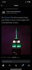 The Empire State Building triggered hometown outrage when it decided to adorn its fabled crown in the Eagles’ green and white colors on Jan. 29 when the football team from Philly qualified for this year’s Super Bowl. But long before then, New York fans had learned to have hate in their hearts for all teams Philadelphia. Photo: Twitter @ESB
