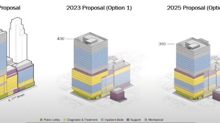 Northwell’s overhaul plan for Lenox Hill Hospital has progressed from a super-tall 536 ft.-tall tower to two final proposals (pictured right and far-right): a 436 ft.-tall tower or a 395 ft.-tall tower.