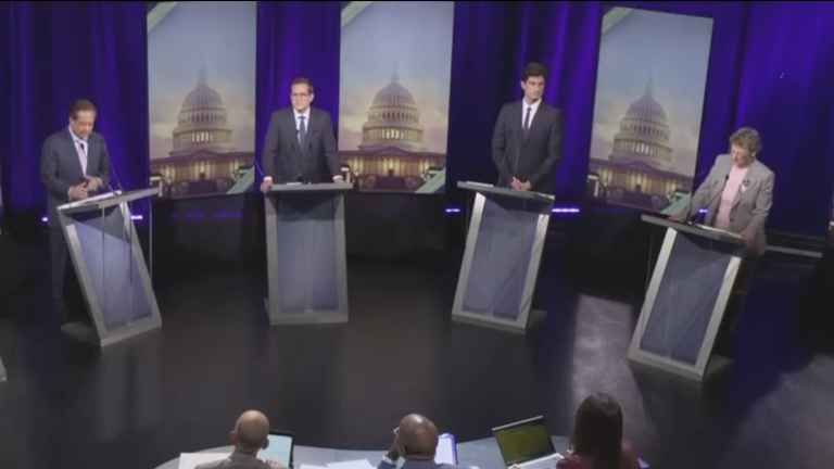 (From left) Alex Bores, George Conway, Micah Lasher, Jack Schlossberg, and Nina Schwalbe battled it out for the Democratic nomination for NY’s 12th Congressional District at a debate June 9, hosted by Spectrum News NY1. (Photo: Spectrum News NY1)