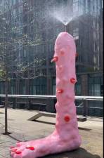 Water spouts from the top of <i>“Foot Fountain (pink)” </i>the latest public art on display on the High Line, sparking talk and some controversy over what some feel is a phallic symbol.