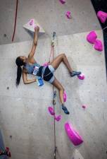 Nyasha Knigge rock climbing at a competition at Divisionals at Goat Climbing in Hackensack. Photo: Curtesy of Conrad Booker