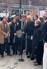 Dr. Sharon McLennon Weir (center), the executive director of CIDNY, speaking at a rally against Beth Israel’s closure. Pols surrounding her (from left to right) include: Mark Levine, Kristen Gonzalez, Chris Marte, Brian Kavanagh, Erik Bottcher, Carlina Rivera, Deborah Glick, and Keith Powers.