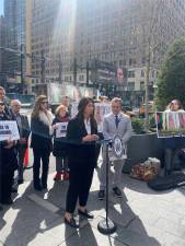 Assembly member Tony Simone (right) has an alternative Penn Station plan that will spare the block south of Penn Station from demolition. To the rear is the empty lot that once housed the Pennsylvania Hotel. Simone wants that to be a park, whereas the parcel’s owner, real estate developer Vornado, says it still has plans for future office towers on that spot.
