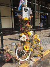 A ghost bike memorial for cyclist Robyn Hightman, 20, who was struck and killed by a truck on Sixth Ave. at 23rd St in June. Photo: David Noonan