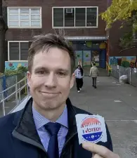 City Council Member Erik Bottcher, presumably after voting to re-elect himself, on Nov. 4, 2025. Soon afterward, he announed a run for Congress. Changing course again, now he’s runniing for State Senate.