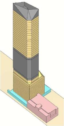 One aspect of the zoning challenge against Extell’s proposed midblock condo tower on West 66th Street focuses on a 161-foot mechanical void that would start at the building’s 18th floor, shown in gray in this rendering. According to the zoning challenge, “it appears that the primary use of the floor is to increase the height of the tower floors above it.” Image: George M. Janes &amp; Associates