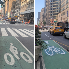 Helmeted stick figure rider marking at W 36th St. and 8th Ave. (left); The newer stencil with a bicycle but no rider at W 35th St. and 6th Ave. (right).