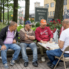 Neighbors gather beneath trees along the Broadway Malls for a game.