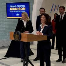 Governor Kathy Hochul announces on Tuesday, May 31 that the East Side Access project from Long Island to Grand Central would open before the end of the year. With Rep. Carolyn Maloney (left), who was instrumental in obtaining federal funding for the project. Photo: Ralph Spielman