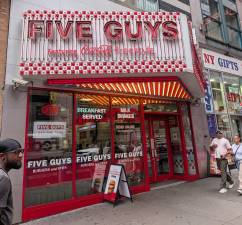 Six men have been indicted for violent mayhem at this West 42nd Street Five Guys on June 10 after Game 4 of the June 10 Knicks-Spurs NBA Championship.