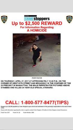 An NYPD wanted poster, with a still from a surveillance video showing the suspected assailant in a fatal stabbing on Broadway last week.