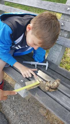 A student measures an oyster shell and looks for attached larvae. Photo: Layla Shaffer