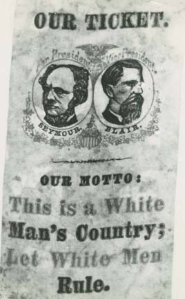 An 1868 campaign poster for Horatio Seymour, a governor of New York who ran a vile white-supremacy campaign against Ulysses S. Grant for president with his running mate, Francis Blair. Their slogan: “This is a white man’s country. Let white men rule.” A City Council member is demanding that a portrait of Seymour on prominent display at City Hall be hauled away. Poster: Via Wikimedia Commons
