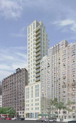A rendering of the condo tower planned for 15 West 96th Street shows the five-story base that will become the new home of Chabad of the West Side in late 2020, crowned with 16 floors of uber-luxe residences. Image courtesy of&#xa0;Chabad of the West Side