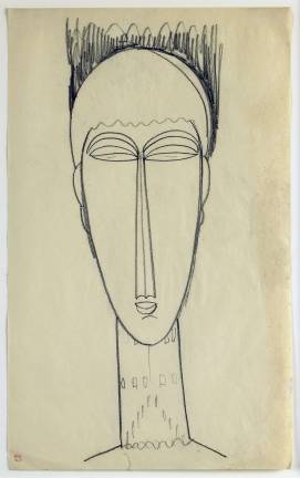 Amedeo Modigliani. &quot;Head,&quot; c. 1911. Black crayon on paper, 16 x 10 in. Mus&#xe9;e des Beaux-Arts, Rouen. Gift of Blaise Alexandre, 2001
