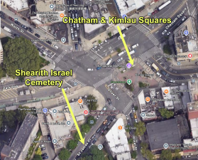 Aerial view of Chatham &amp; KImlau Squares showing proximity to Shearith Israel Cemetery #1.