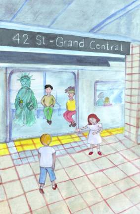 Charlotte showing how she’s cleaned up the subways as mayor. Ilustrator: Ena Hodzic. Photo courtesy of Lese Dunton