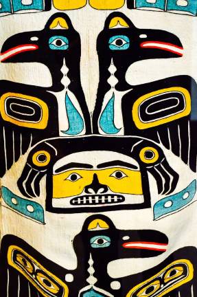 A Chilkat Tlingit woman wove this tunic and pants from softened cedar bark and mountain goat wool in an arduous process that was both spiritually and artistically driven. Photo: Adel Gorgy.