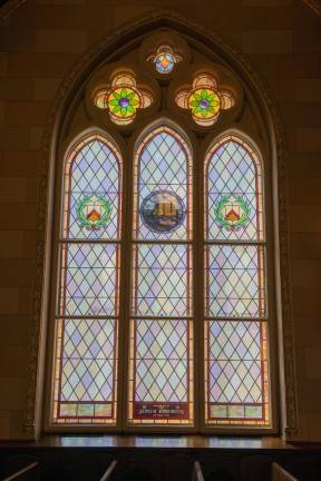 A stained glass window in the Gothic chapel, the largest of the building’s three chapels.