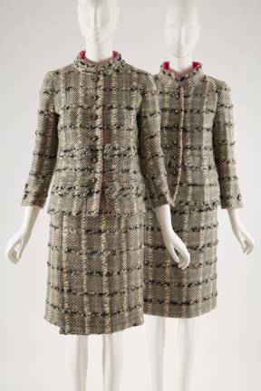 Left: Suit by Gabrielle Chanel, 1966, France. Right: licensed copy of a Chanel day suit, circa 1967, USA. The Museum at FIT