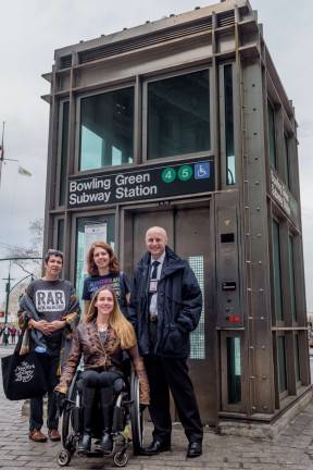 Disability activists Jennifer Bartlett (left), Jessica Murray, and April Coughlin&#xa0;with NYC Transit Chief Andy Byford in April 2018. Photo: Erik McGregor