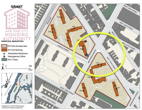 Map of Grant Houses NYCHA, in the vicinity of a recent Harlem shooting.