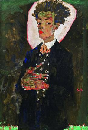 Self-Portrait with Peacock Waistcoat, Standing, 1911Gouache, watercolor, and black crayon on paper, mounted on board Ernst Ploil, Vienna