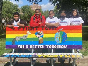 Bench painted by students from Isaac Newton Middle School for Math &amp; Science. Photo courtesy of CEI Benchmarks