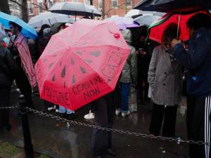 Some demonstrators customized their rain gear with protest demands. The watermelon, which bears the black, green, and red colors of the Palestinian flag, has become a familiar symbol at Palestinian protests.