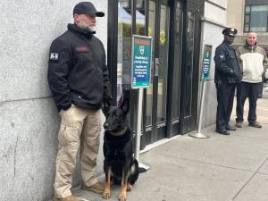 A security guard and dog stand outside the CVS on West 34th Street and 8th Avenue. Photo: Kay Bontempo.