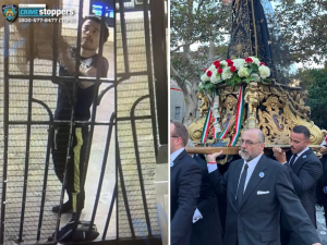 Left: Confessed murderer David Mazariegos in a Brooklyn subway station;.Right: His victim, Italian-American Nicola Tanzi (center, wearing glasses), is statue bearer at an Italian religious celebration and was well known in the local community.