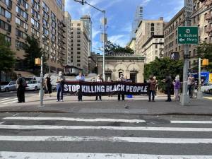 Banner at 96th Street and Broadway. Photo courtesy of Say Their Names Vigil